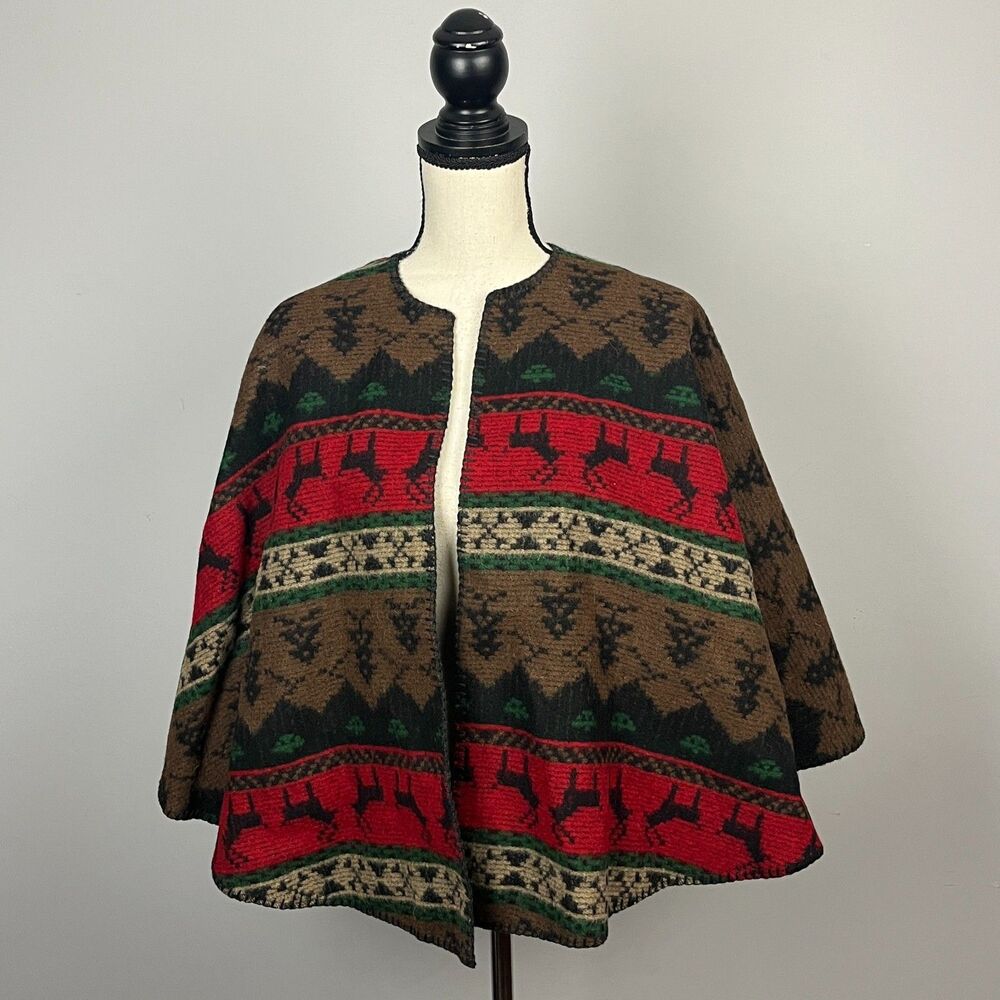 Woolrich Vintage Cape Poncho Sweater Reindeer Print Women's One Size O/S